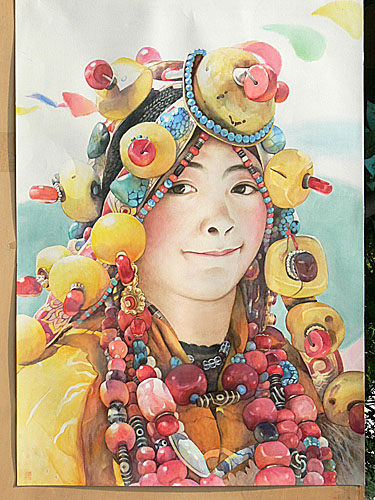 水彩画<盛装的藏族玉树姑娘>