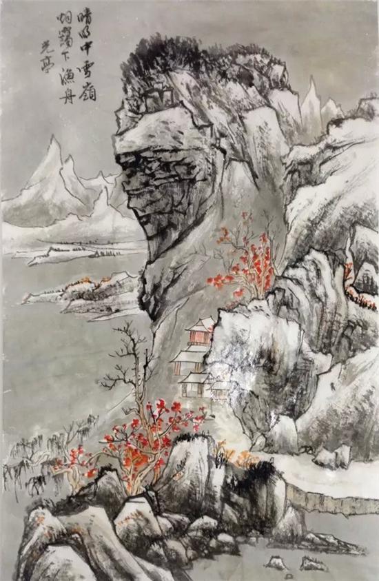 邵光亭先生作品《雪岭烟霭图》，纸本，设色